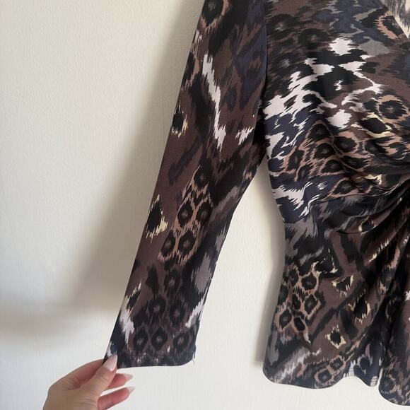 Vintage Y2K LILY Brown Animal Print Top V Neck 3/4 Sleeves Twist Front Stretch S - Picture 4 of 9